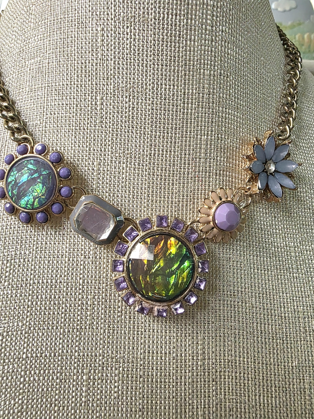 Gold-Tone Multi-Stone Purple Floral Statement Necklace - Picture 4 of 5